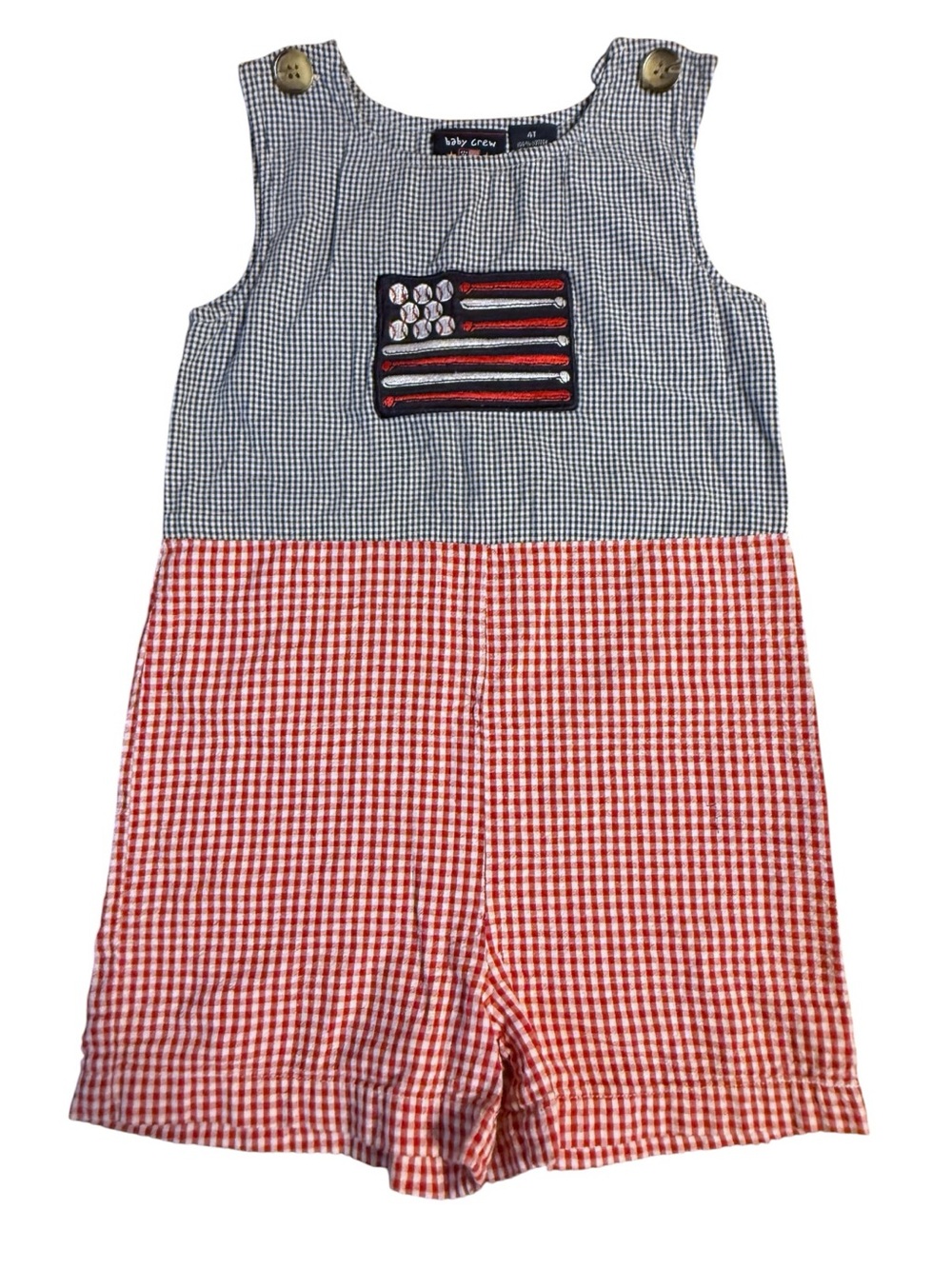 Vintage Baby Crew USA Baseball Flag Gingham Jon Jon Shortall Romper 4T Patriotic